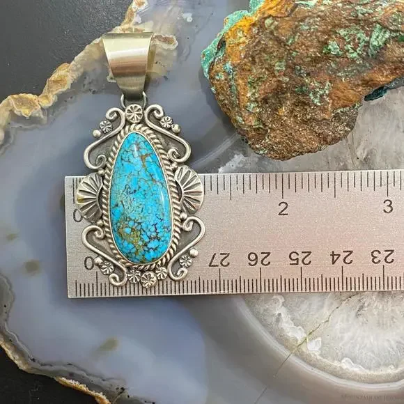 Mary Ann Spencer Sterling Silver Elongated Kingman Turquoise Decorated Pendant - Picture 9 of 10